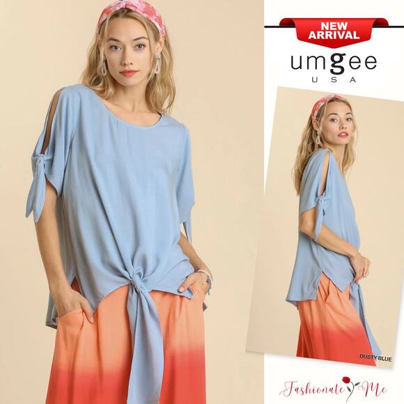 Umgee Cold Shoulder Round Neck Side Slits Tie-able Knot Details Blouse | Blue - Picture 1 of 5